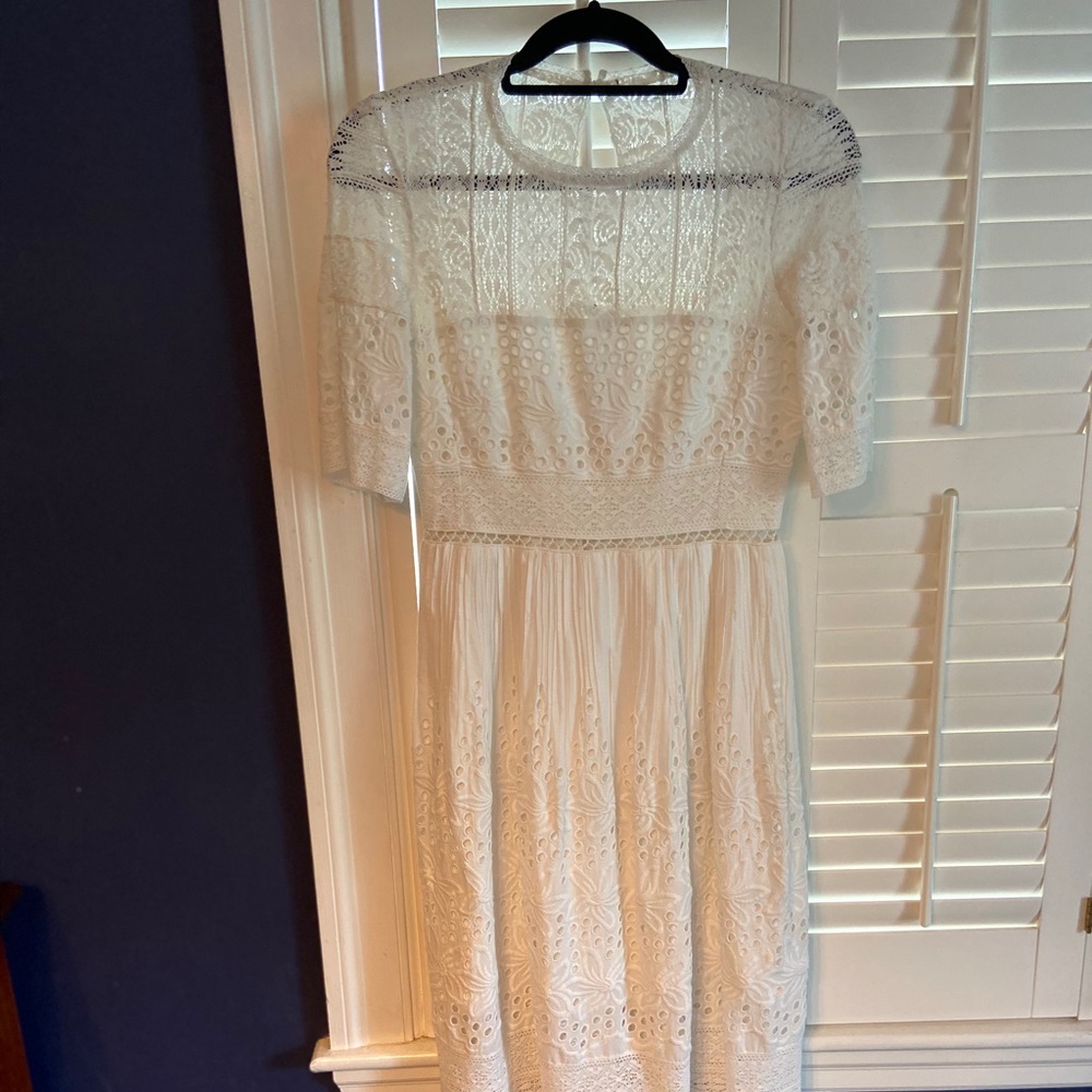 BCBG Max Azria white eyelet cotton midi dress